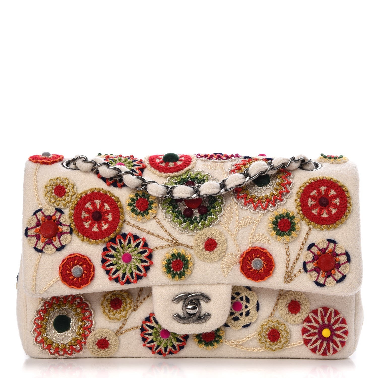 Chanel Felt Flower Embroidered Small Double Flap Ivory Multicolor 1 of 8