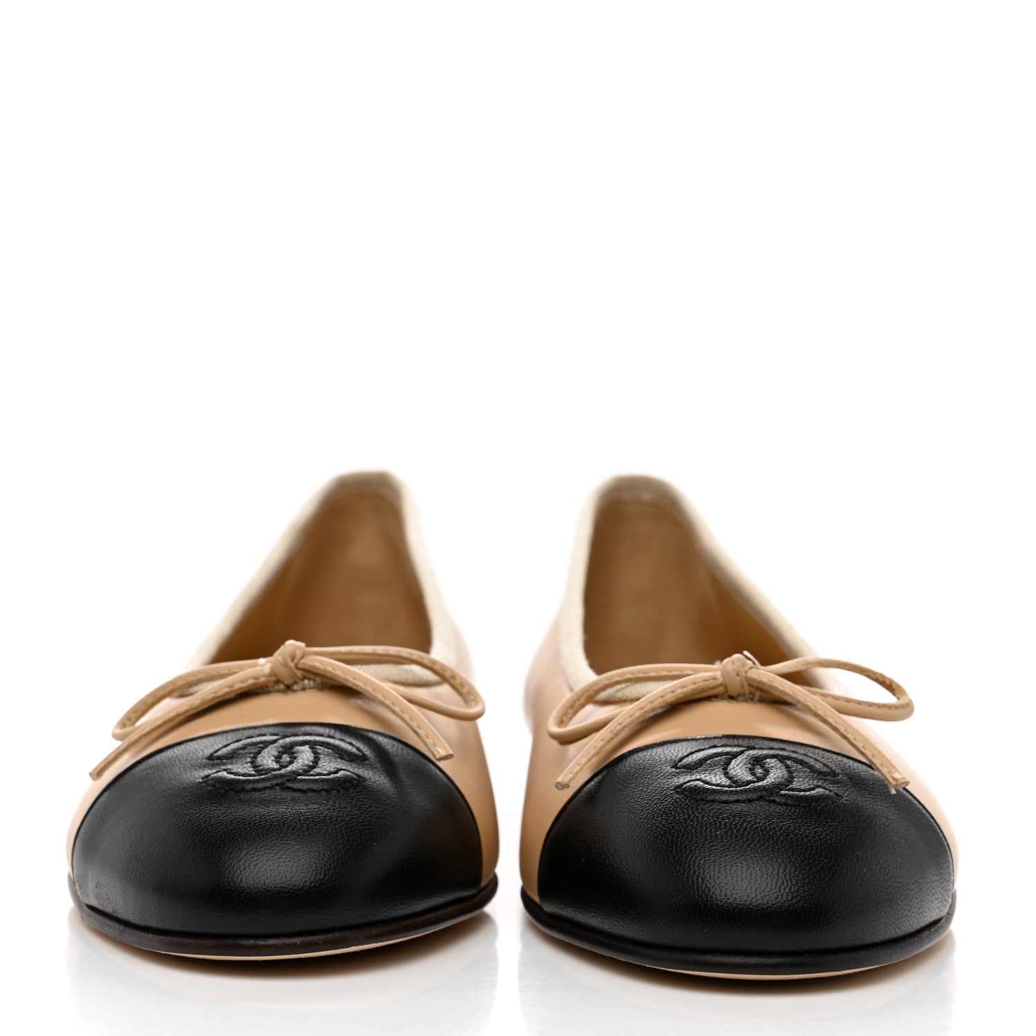 Chanel Lambskin Cap Toe CC Ballerina Flats 37.5 Beige Black 2 of 9