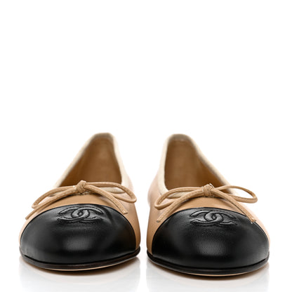 Chanel Lambskin Cap Toe CC Ballerina Flats 37.5 Beige Black 2 of 9