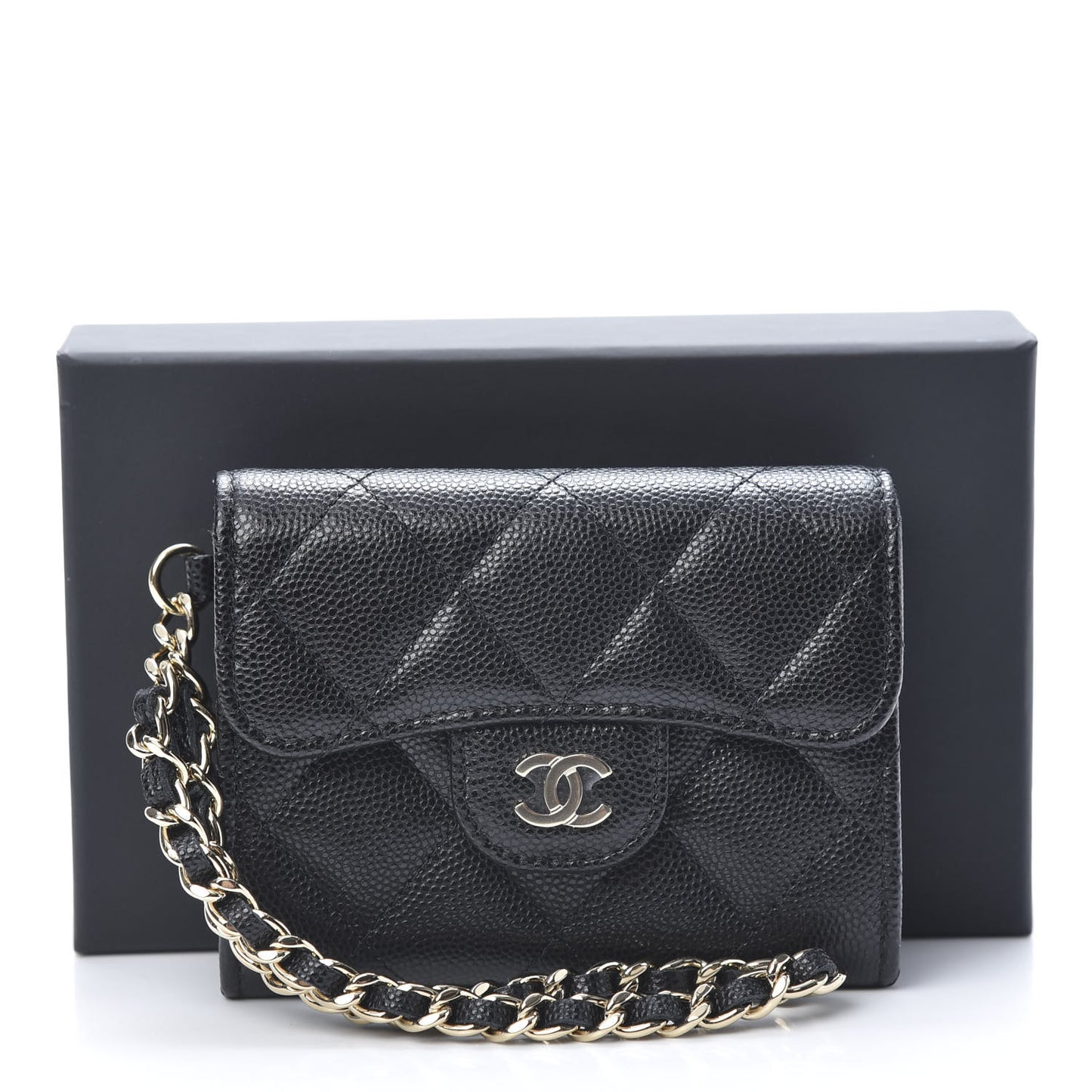 Caviar Quilted Flap Card Holder Chain Wristlet Black