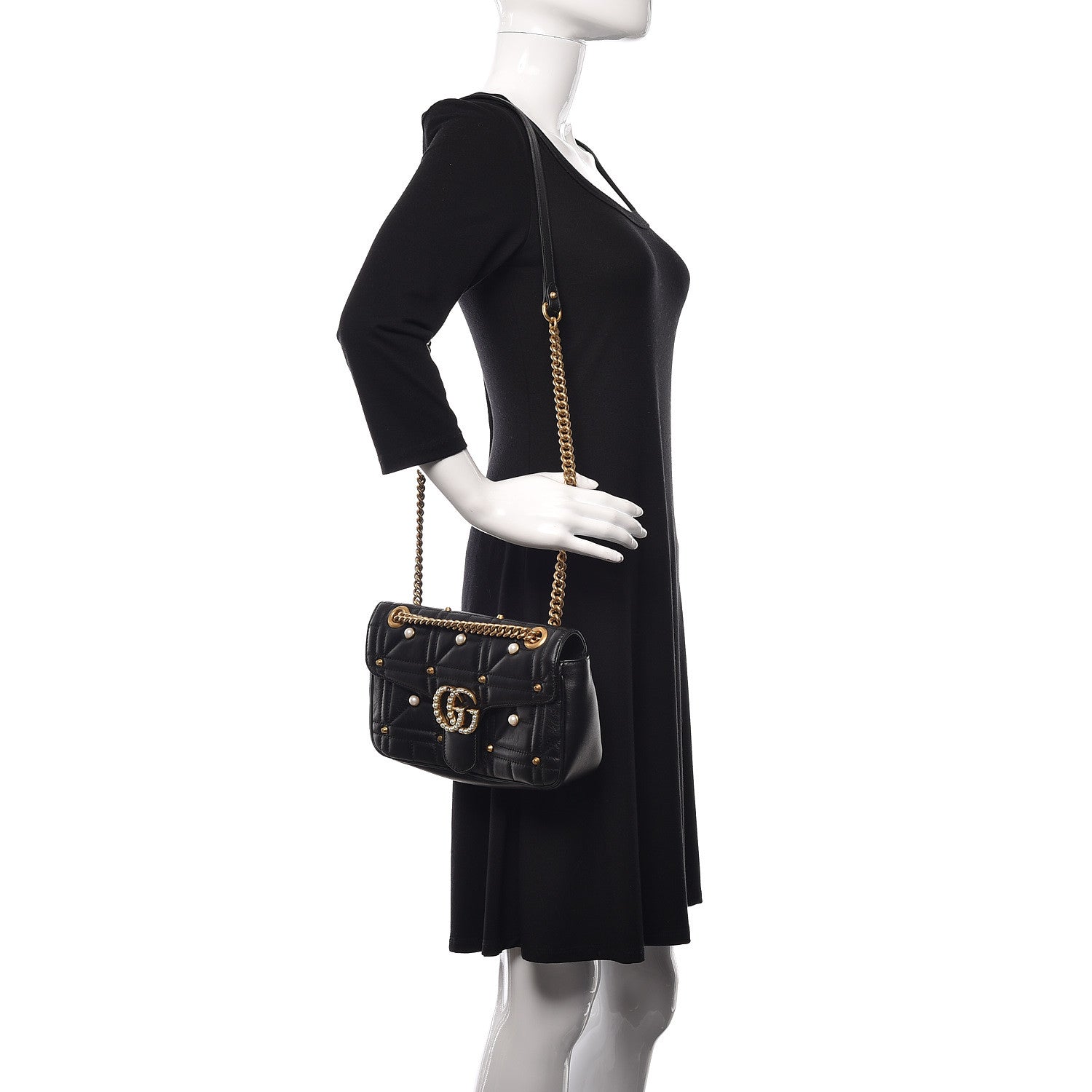 Gucci Calfskin Matelasse Studded Small Pearly GG Marmont Shoulder Bag Black 2 of 14