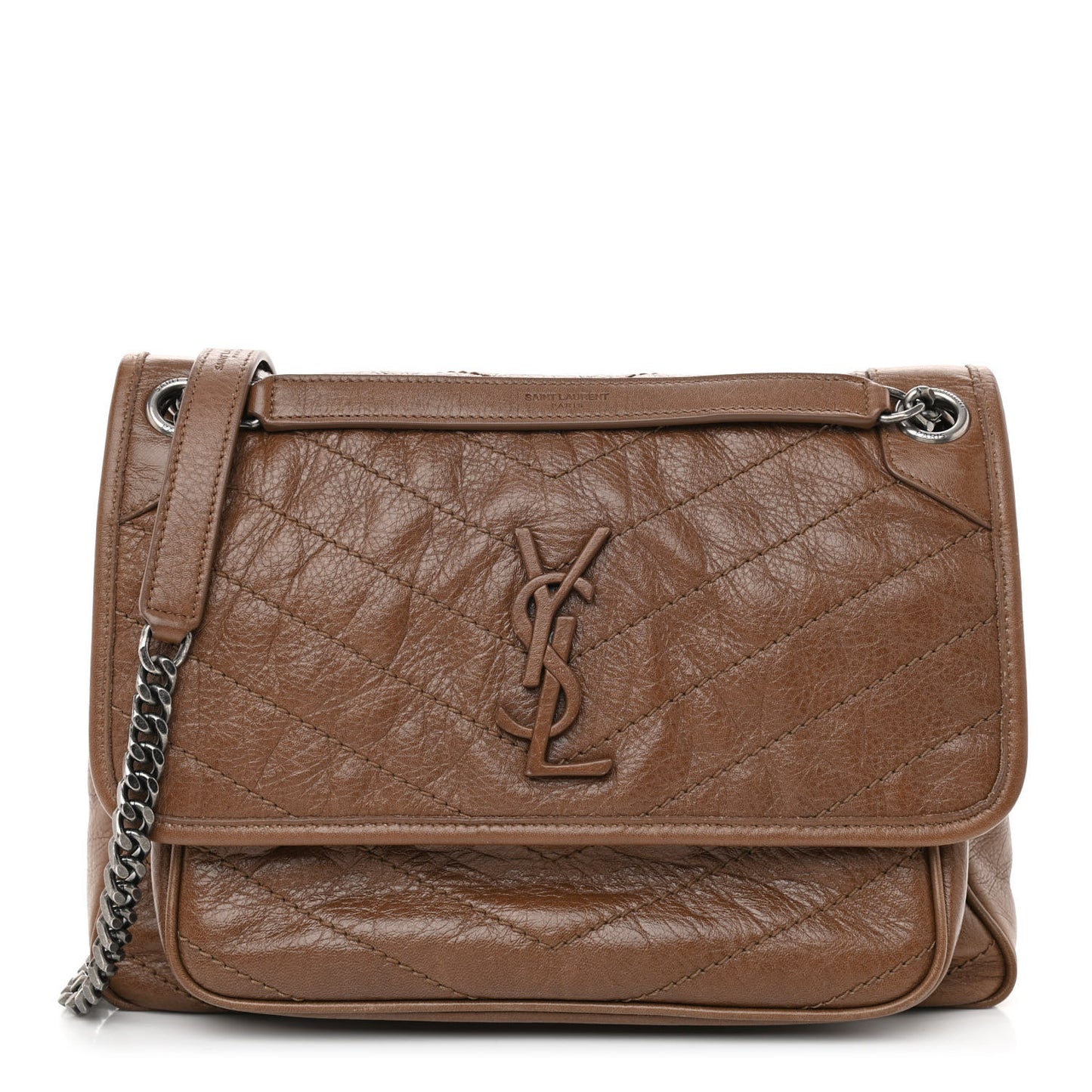 Crinkled Calfskin Matelasse Monogram Medium Niki Chain Satchel Tan Brown