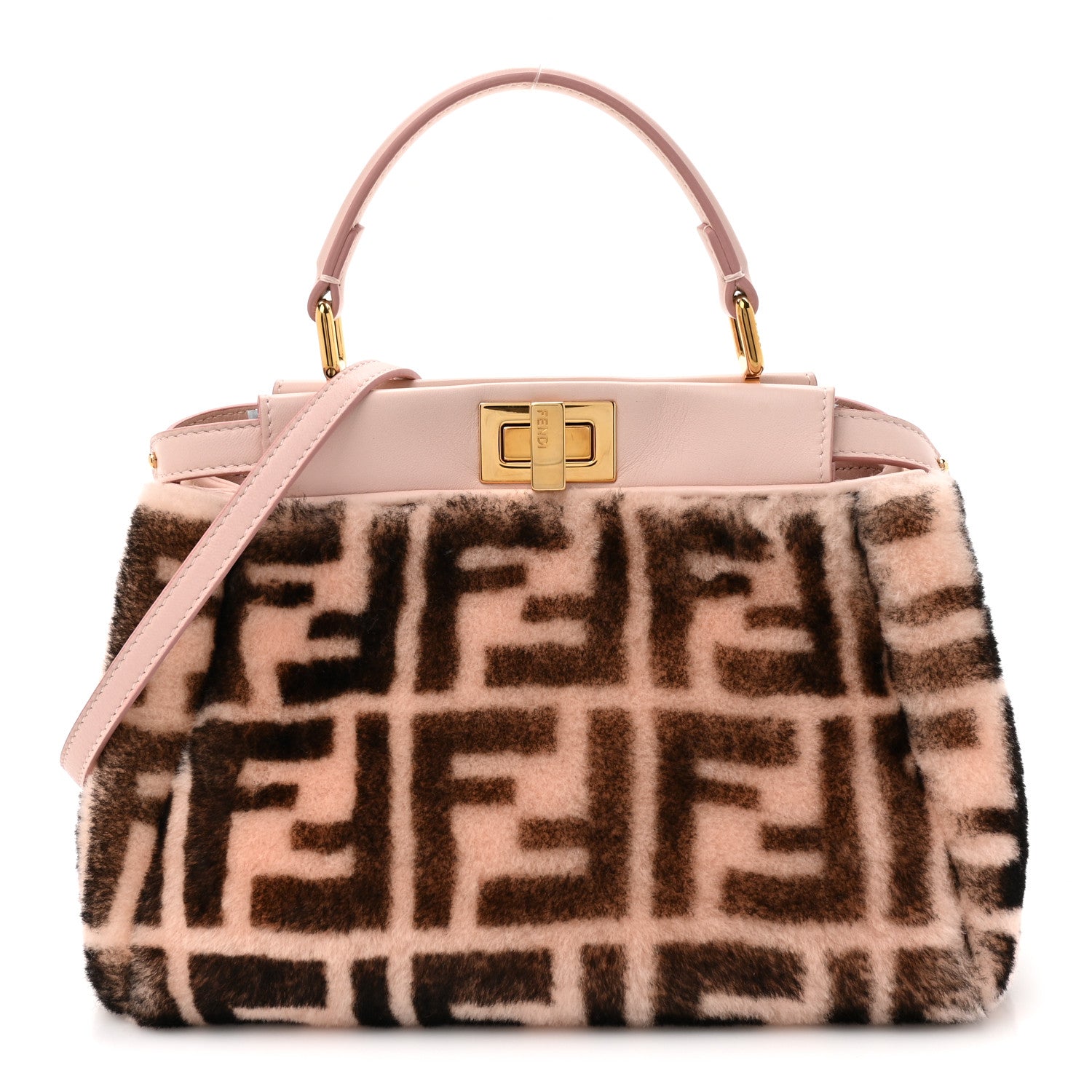 Fendi Shearling Nappa Macro FF 1974 Mini Peekaboo Iconic Satchel White Ice Cuoio Miele Scuro 1 of 11