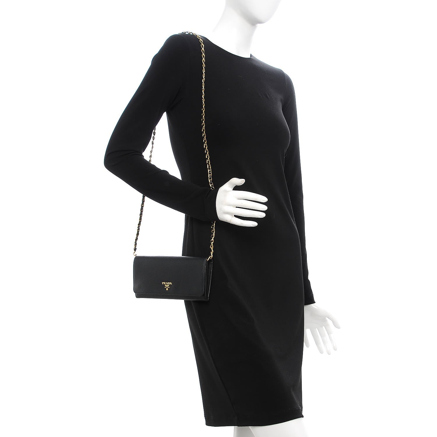 Prada Saffiano Metal Oro Chain Wallet Nero Black 2 of 8