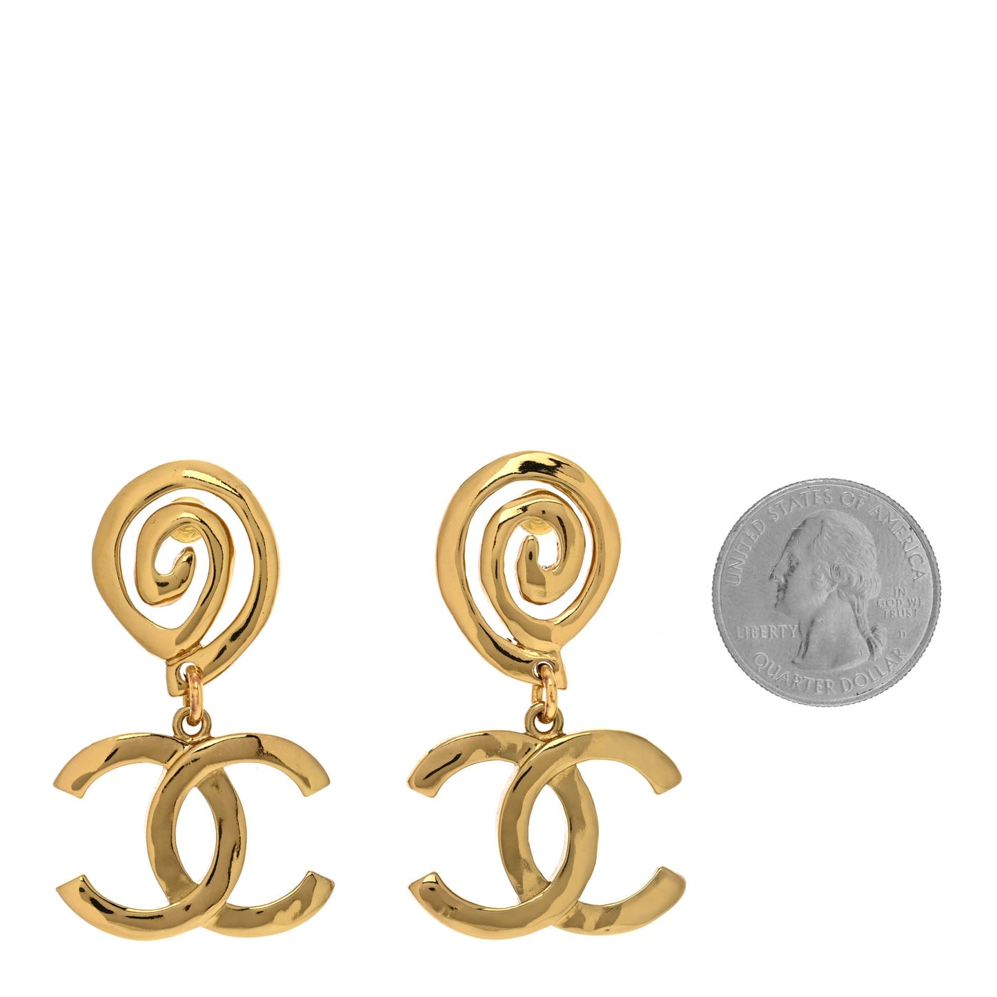 Metal Textured CC Scroll Drop Earrings Gold