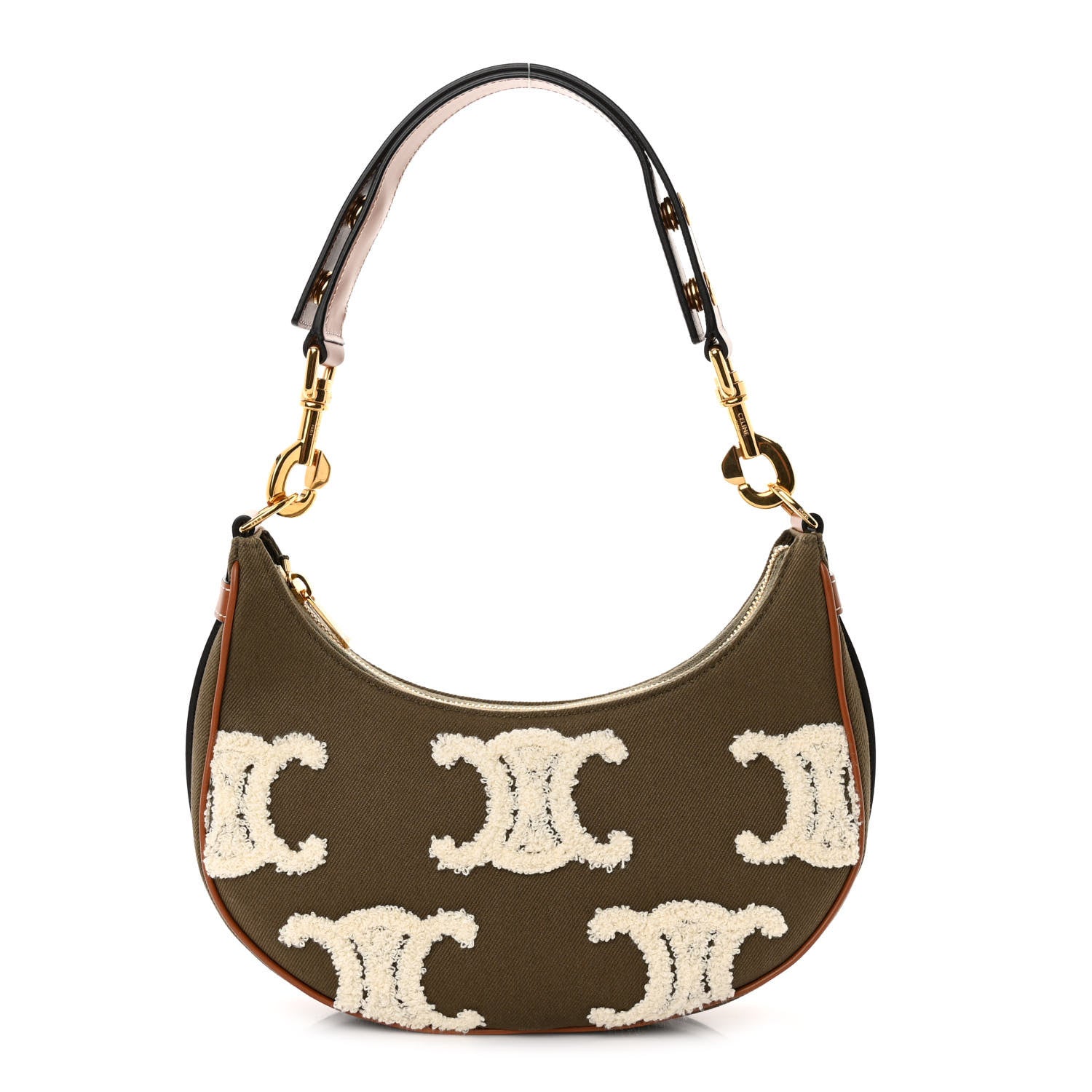 Celine Cotton Gabardine Bouclette Embroidered Medium Strap Ava Triomphe Shoulder Bag Khaki Tan 1 of 9