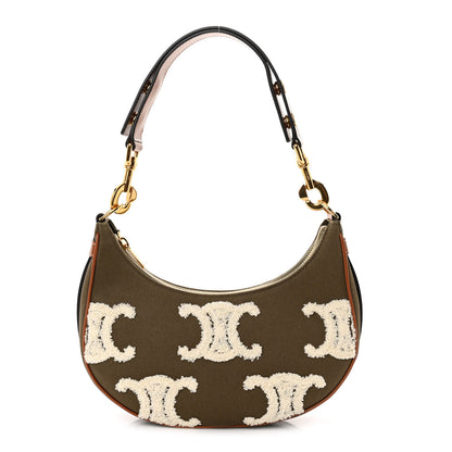 Celine Cotton Gabardine Bouclette Embroidered Medium Strap Ava Triomphe Shoulder Bag Khaki Tan 1 of 9