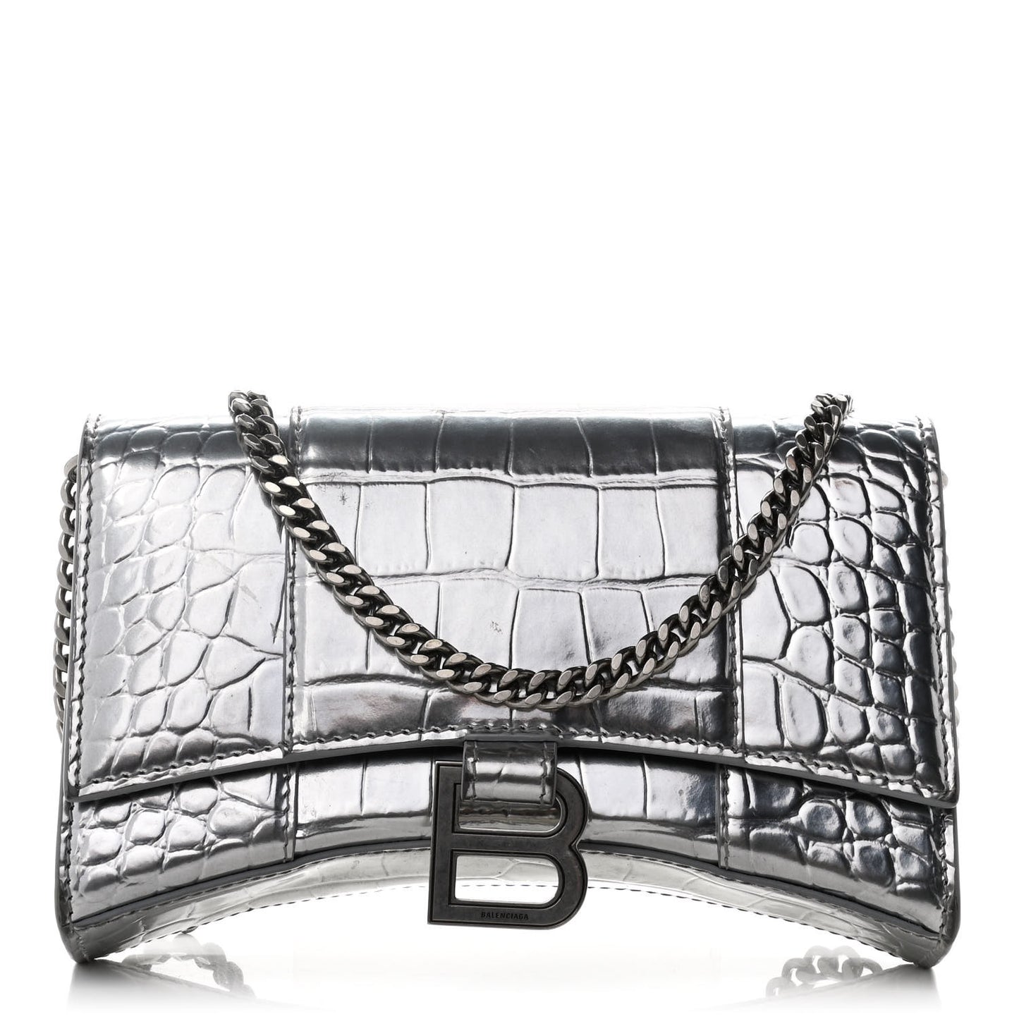 Metallic Calfskin Crocodile Embossed Hourglass Chain Bag Silver