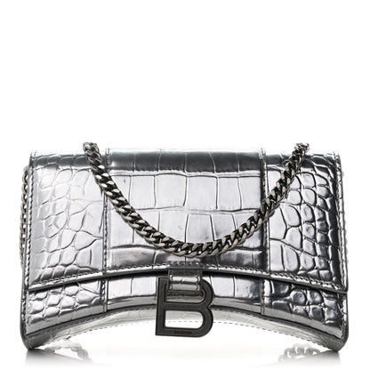 Balenciaga Metallic Calfskin Crocodile Embossed Hourglass Chain Bag Silver 1 of 10