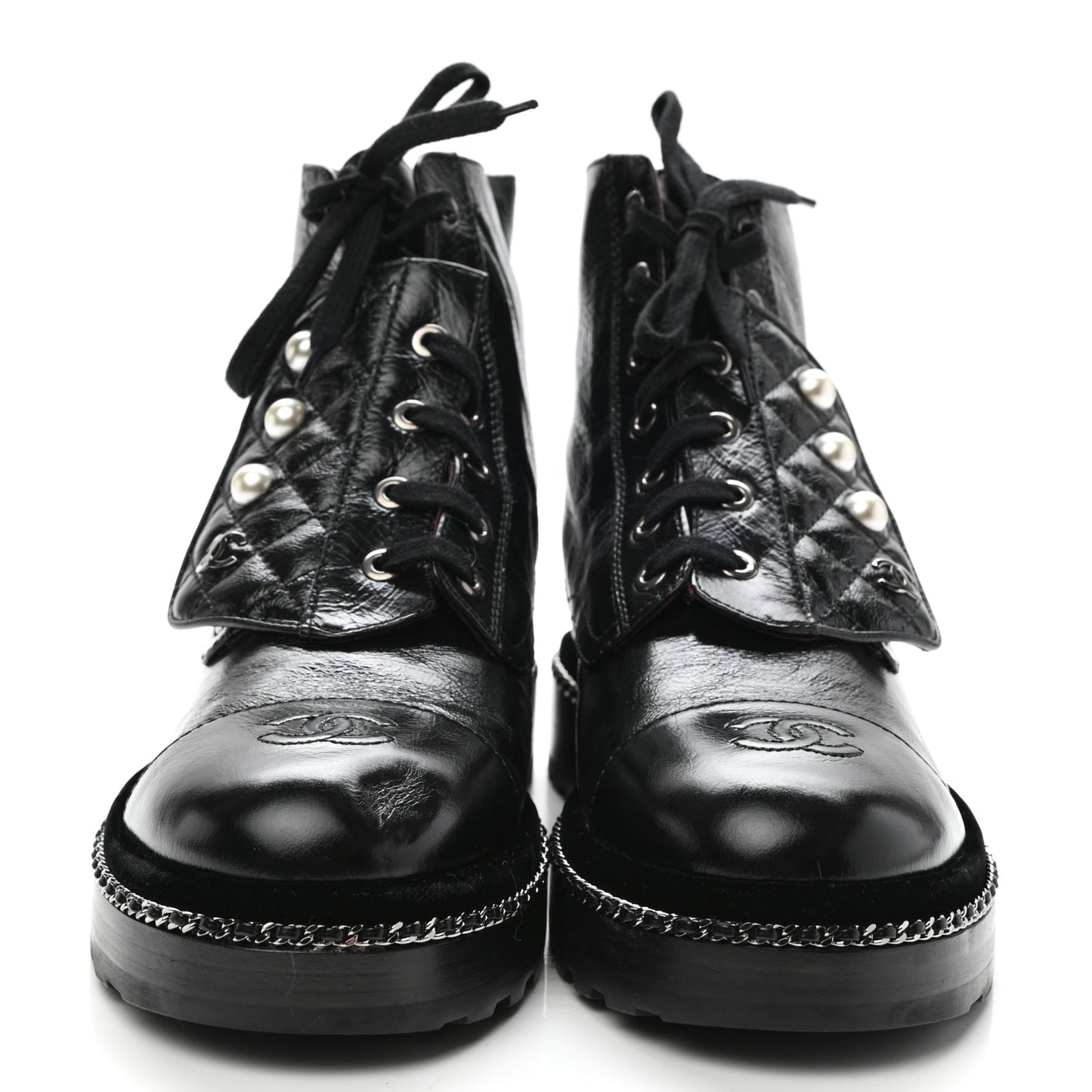 Crackled Calfskin Velvet Pearl Combat Short Boots 39.5 Black