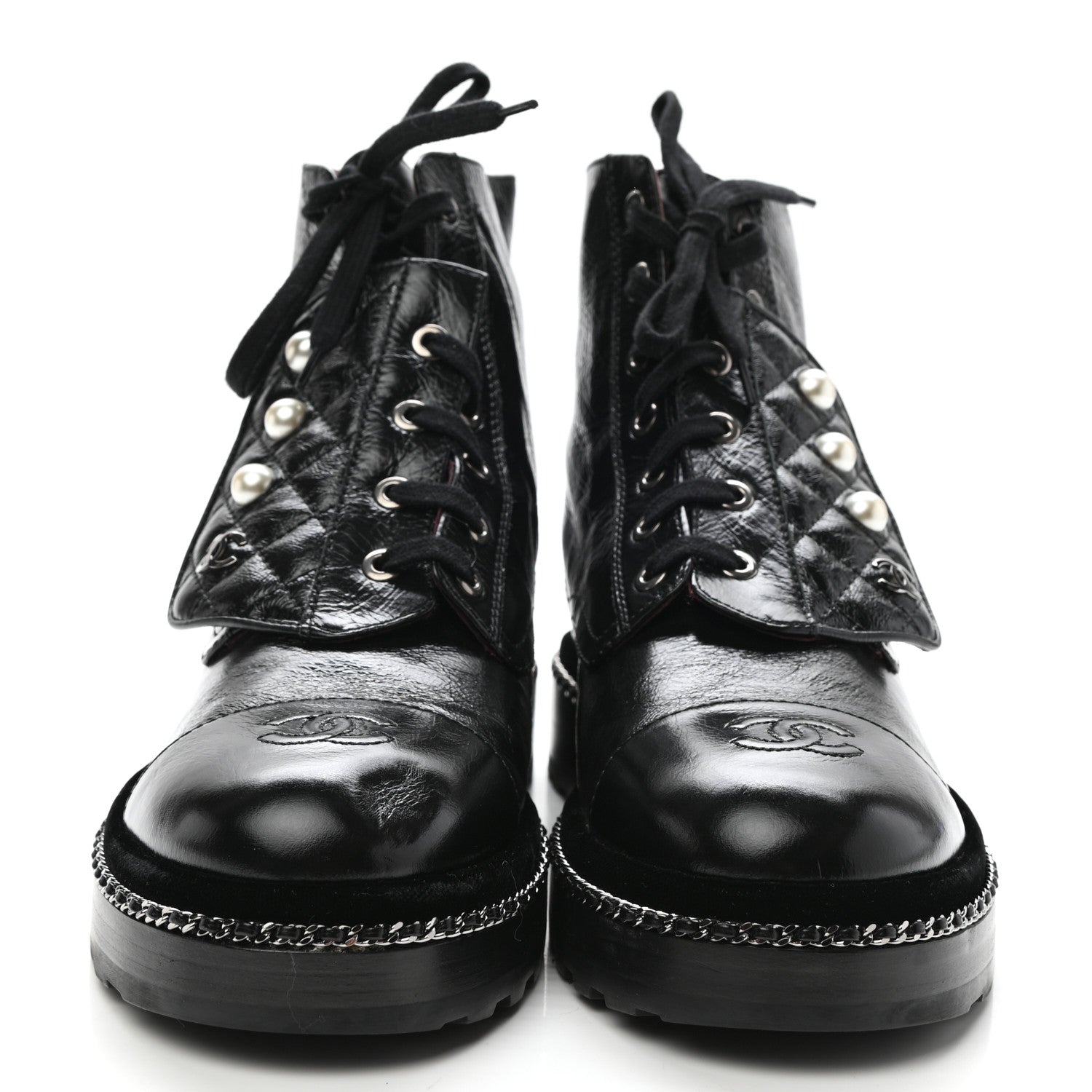 Chanel Crackled Calfskin Velvet Pearl Combat Short Boots 39.5 Black 2 of 10