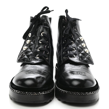 Chanel Crackled Calfskin Velvet Pearl Combat Short Boots 39.5 Black 2 of 10