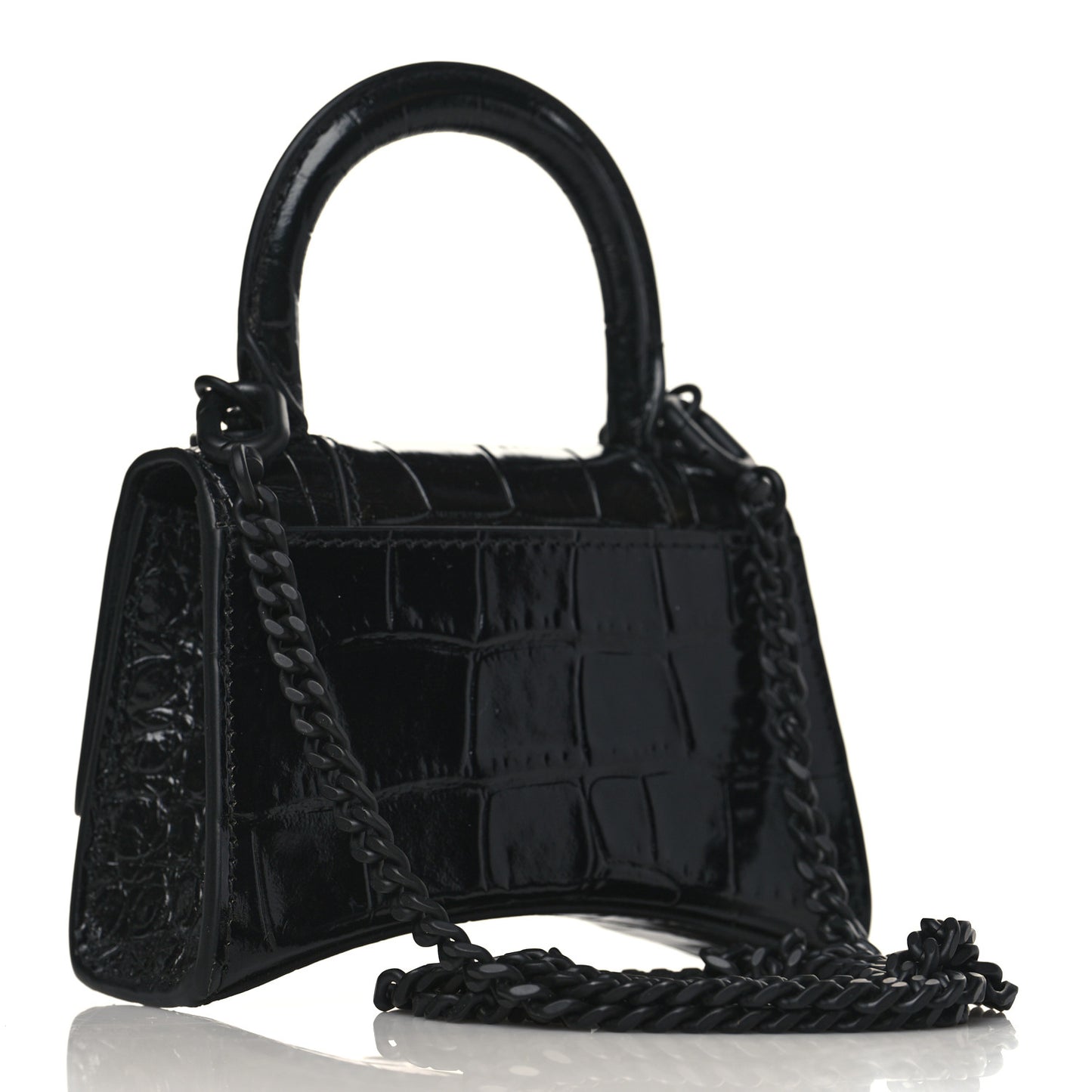 Shiny Calfskin Monochrome Crocodile Embossed Hourglass Top Handle Bag Mini with Chain Black