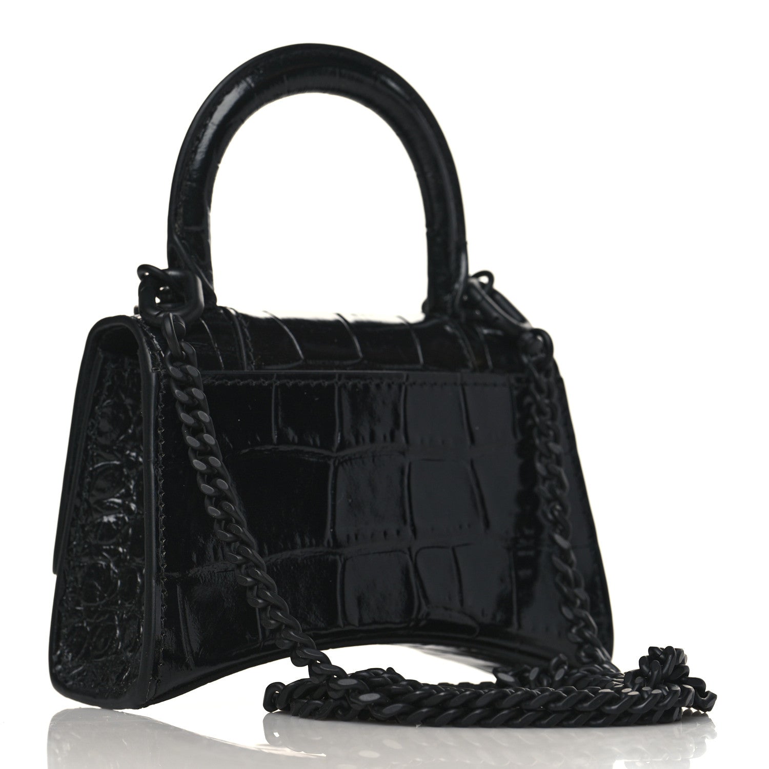 Balenciaga Shiny Calfskin Monochrome Crocodile Embossed Hourglass Top Handle Bag Mini with Chain Black 3 of 9
