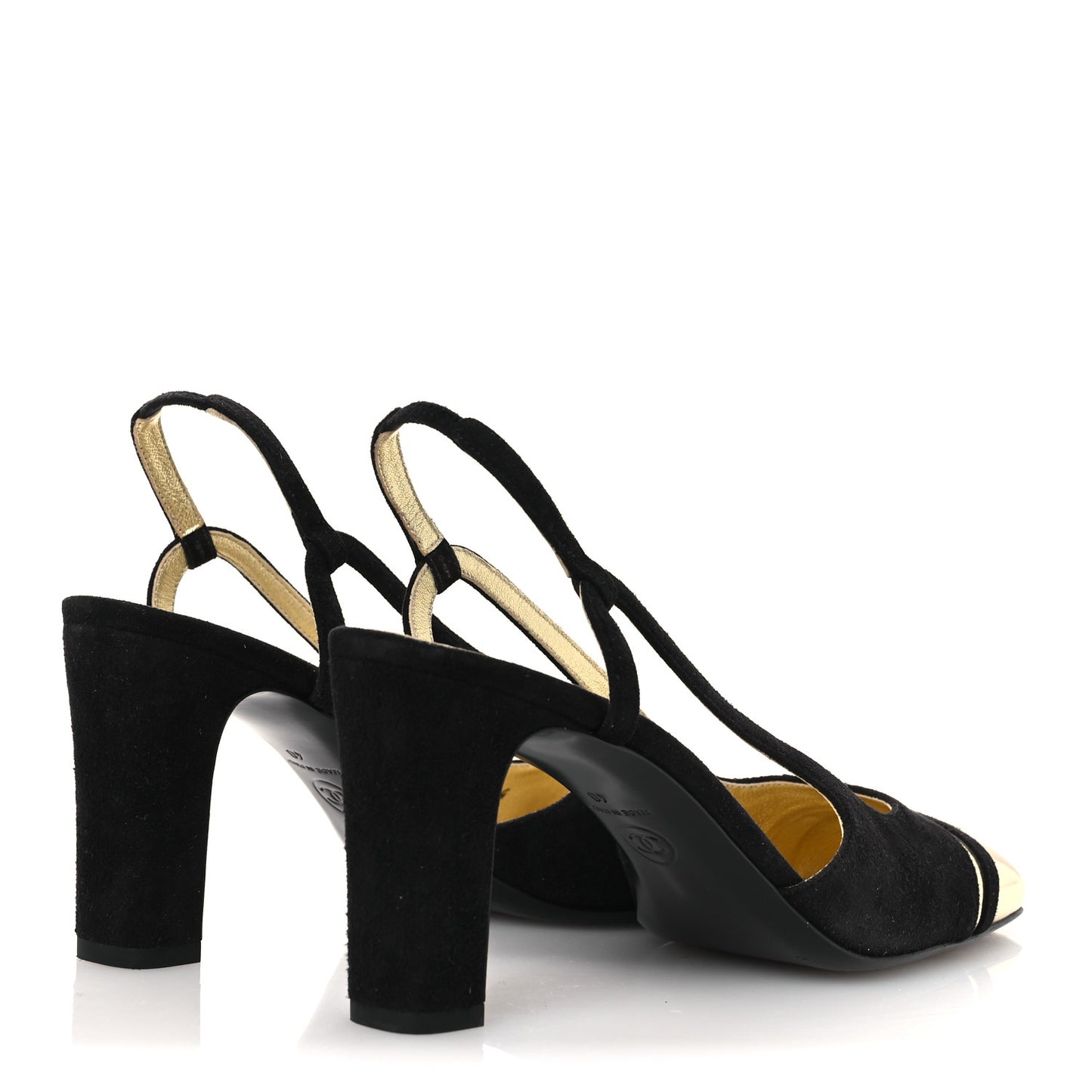 Kid Suede Metallic Lambskin Cap Toe CC Slingback Pumps 40 Black Gold