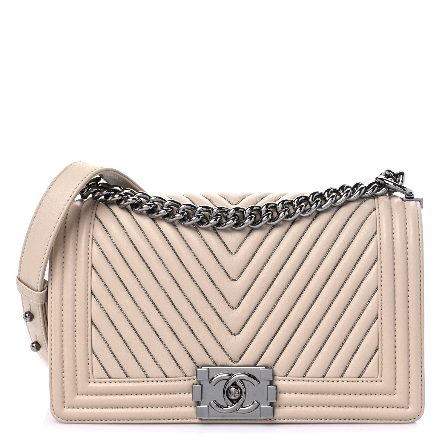 Chanel Calfskin Chevron Chain Medium Boy Flap Beige 1 of 8