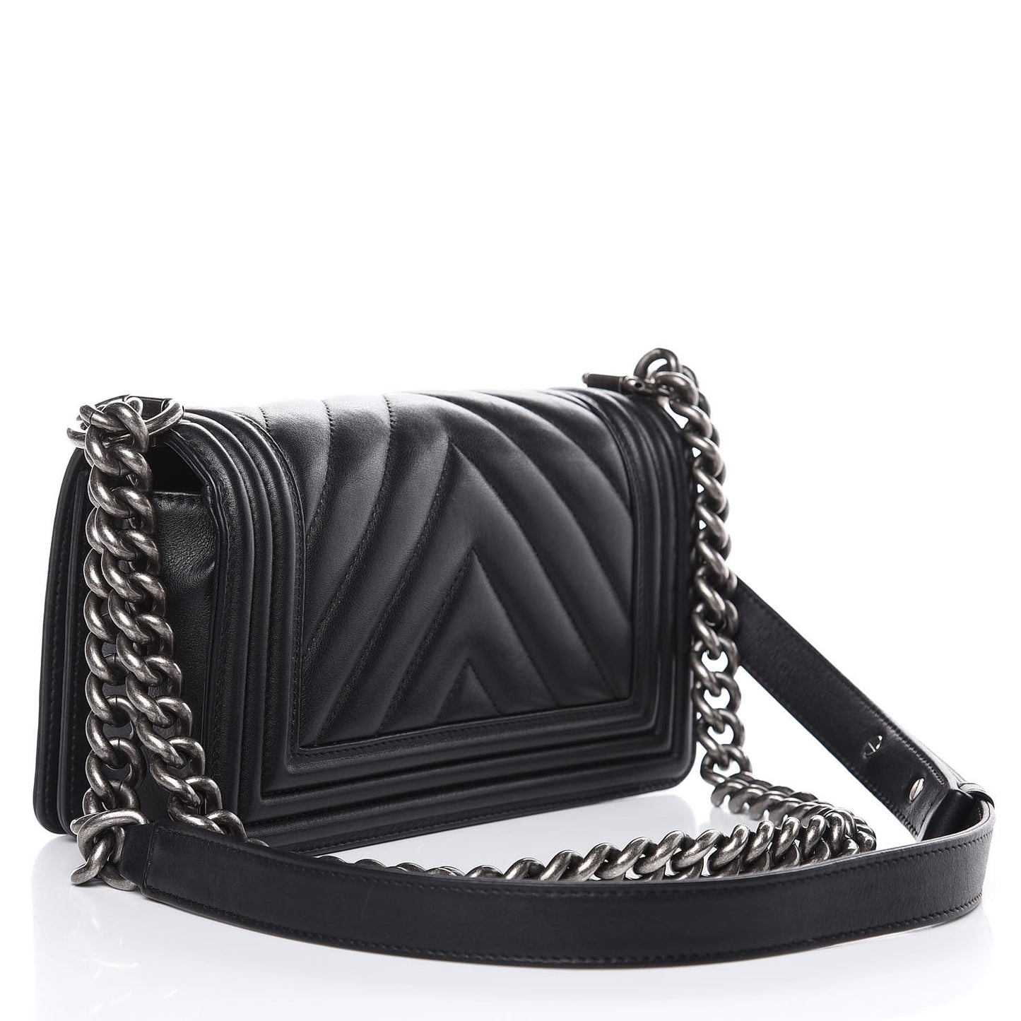 Calfskin Chevron Quilted Small Boy Flap Black