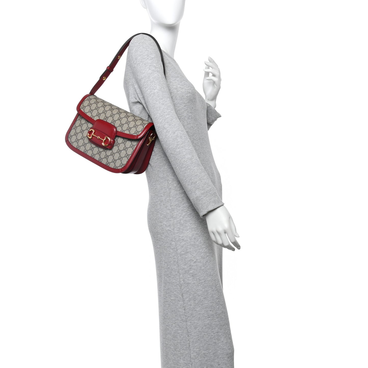 GG Supreme Monogram Azalea Calfskin Horsebit 1955 Shoulder Bag Beige Ebony New Cherry Red