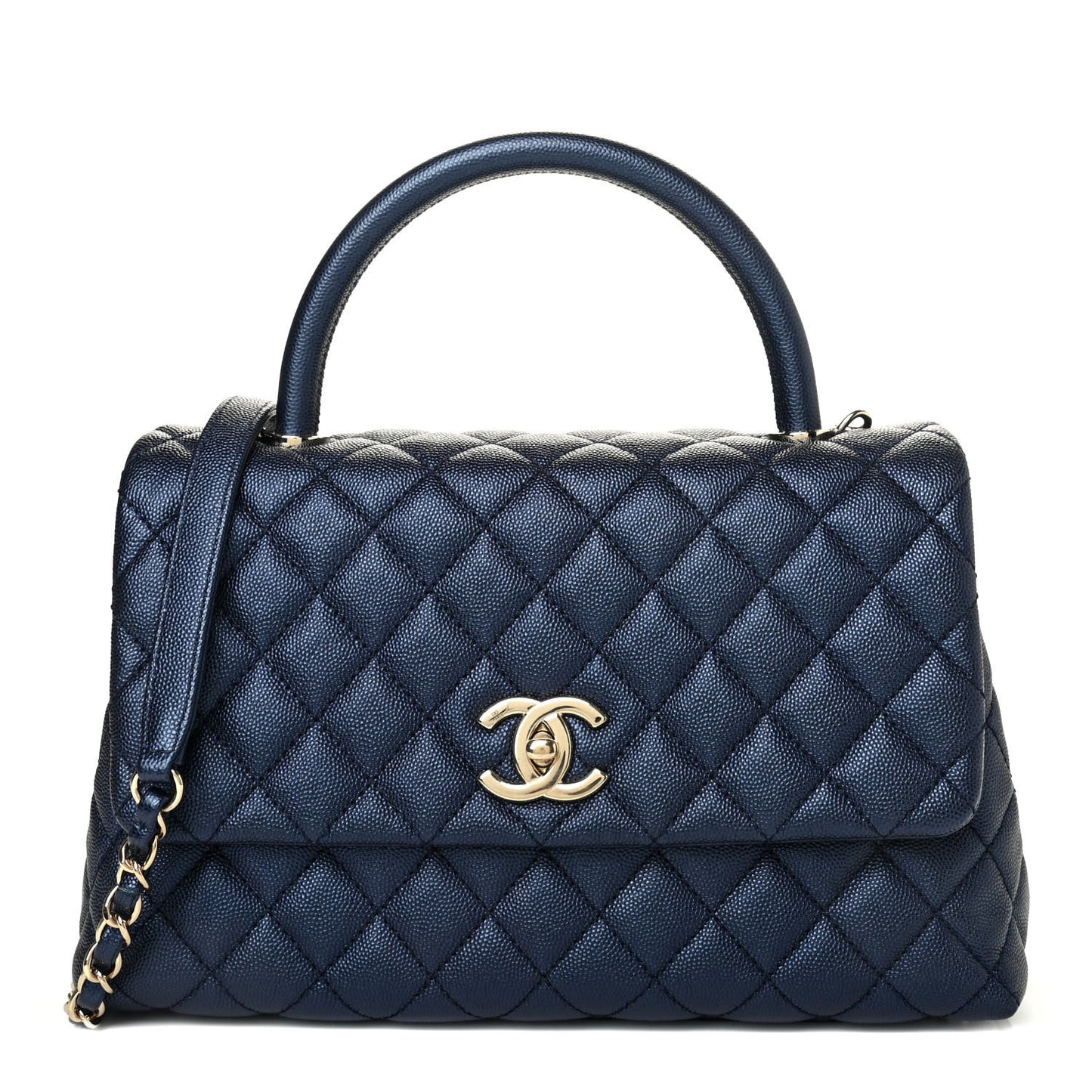 Iridescent Caviar Quilted Small Coco Handle Flap Dark Blue