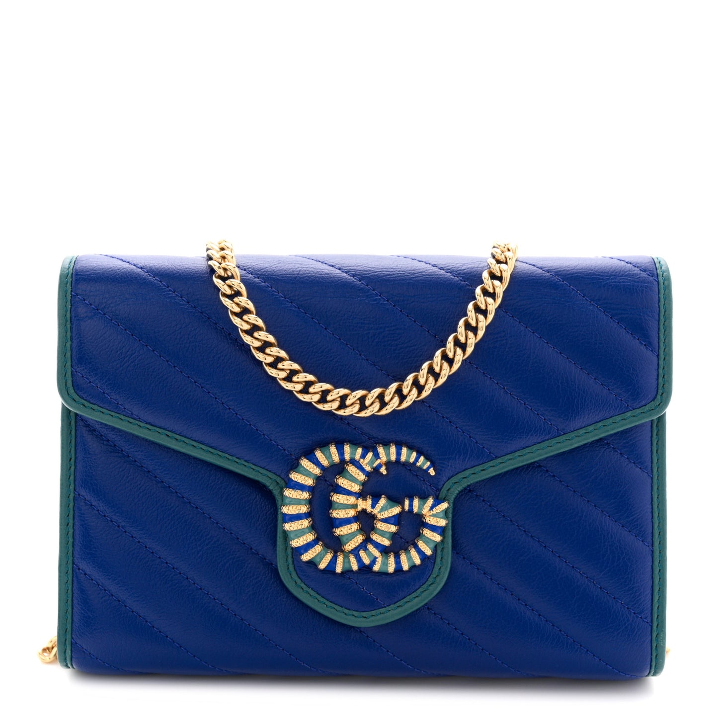 Azalea Calfskin Enamel Matelasse Diagonal Torchon GG Marmont Chain Wallet Imperial Blue Pavone
