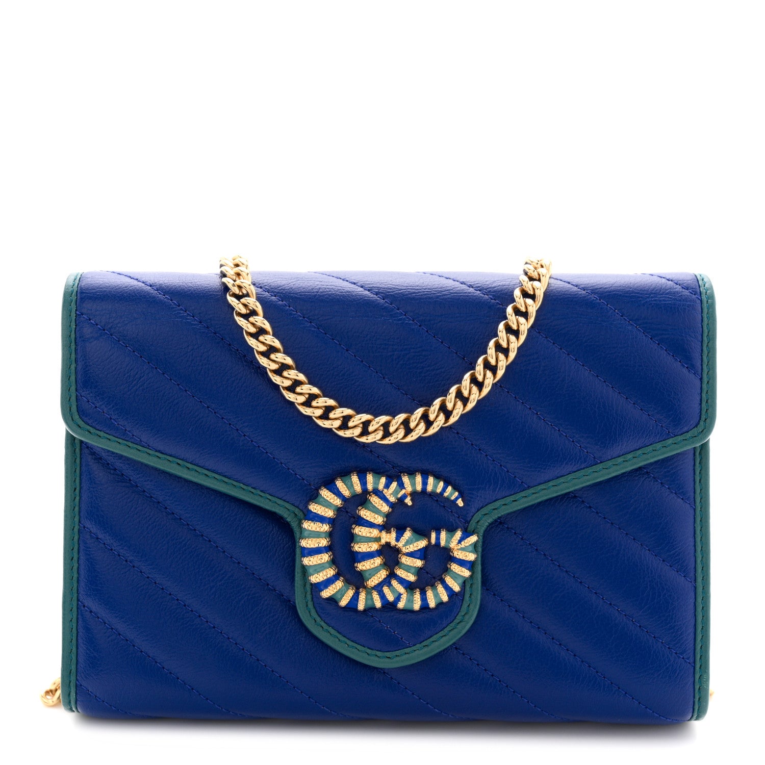 Gucci Azalea Calfskin Enamel Matelasse Diagonal Torchon GG Marmont Chain Wallet Imperial Blue Pavone 1 of 11