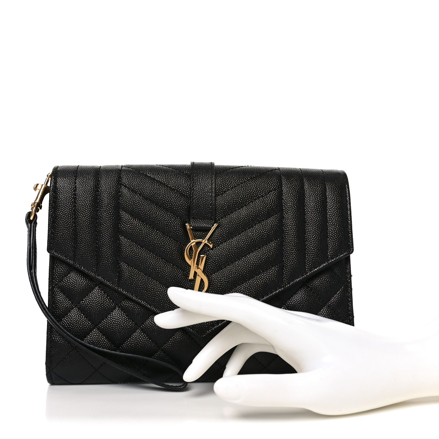 Saint Laurent Grain De Poudre Textured Mixed Matelasse Triquilt Monogram Clutch Black 2 of 10