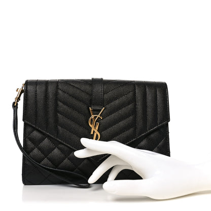 Saint Laurent Grain De Poudre Textured Mixed Matelasse Triquilt Monogram Clutch Black 2 of 10