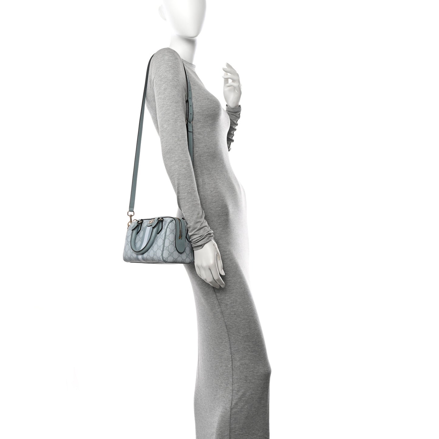 GG Supreme Monogram Textured Dollar Calfskin Web Mini Ophidia Top Handle Bag Dusty Blue