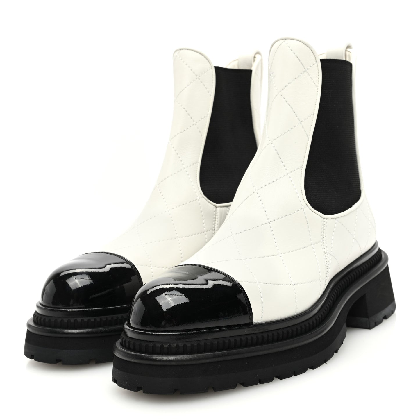 Calfskin Patent Cap Toe Quilted Short Boots 36 White Black