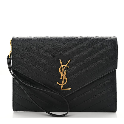 Saint Laurent Grain De Poudre Matelasse Chevron Monogram Envelope Clutch Black 1 of 7