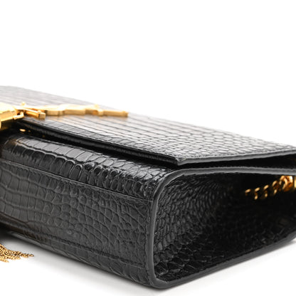 Saint Laurent Calfskin Crocodile Embossed Medium Classic Monogram Kate Tassel Satchel Black 9 of 9