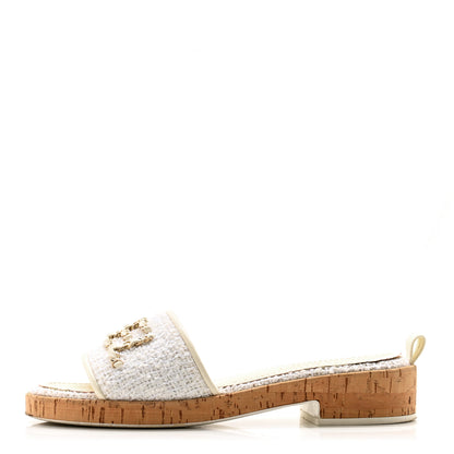 Chanel Tweed Cork CC Chain Mule Sandal 39.5 White 1 of 13
