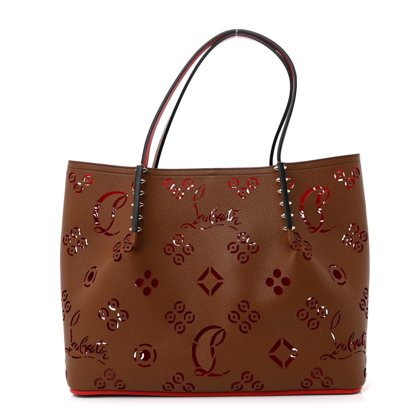 Calfskin Loubinthesky Large Perforated Cabarock Spikes Tote Biscotto