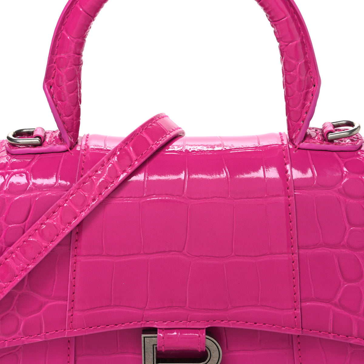 Shiny Calfskin Crocodile Embossed Hourglass Top Handle Bag XS Lipstick Pink