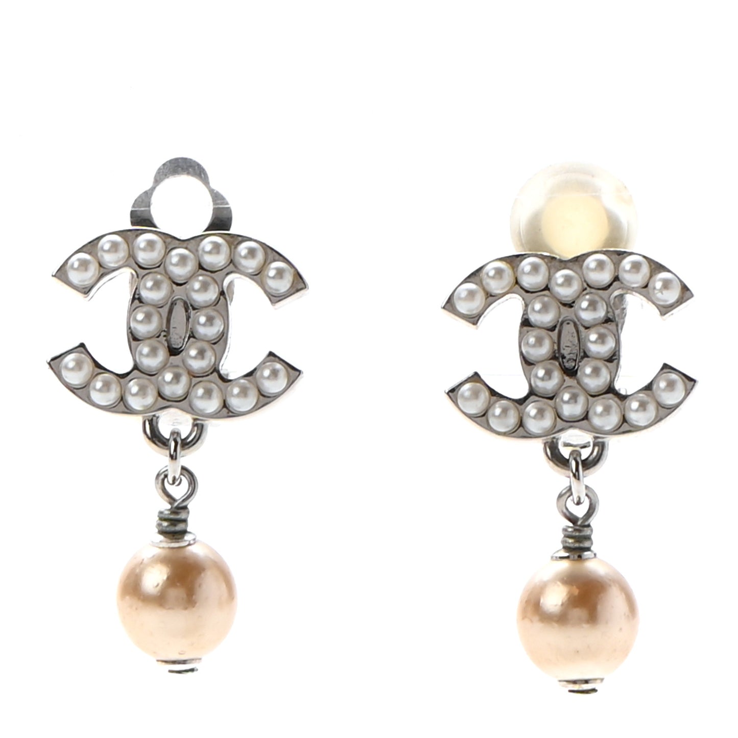 Pearl CC Drop Clip On Earrings Silver