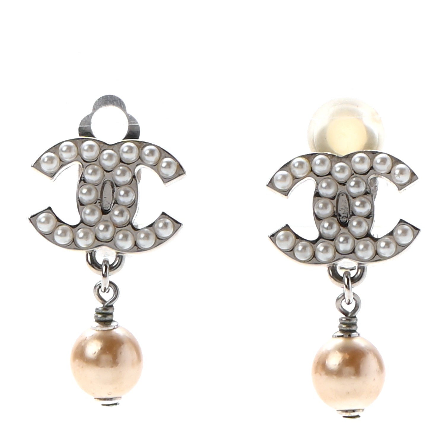 Chanel Pearl CC Drop Clip On Earrings Silver 1 of 5
