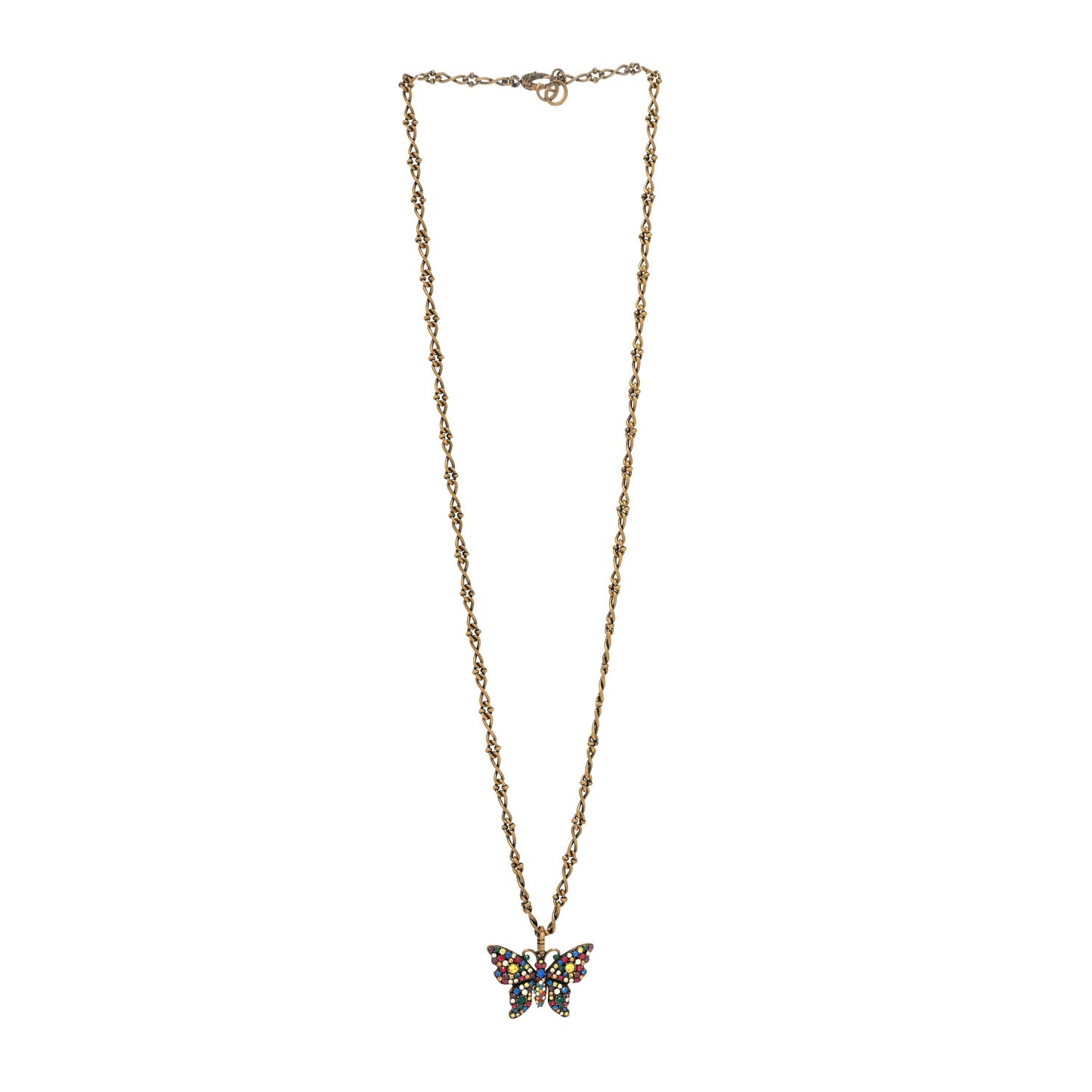 Metal Crystal Butterfly Necklace Aged Gold Multicolor