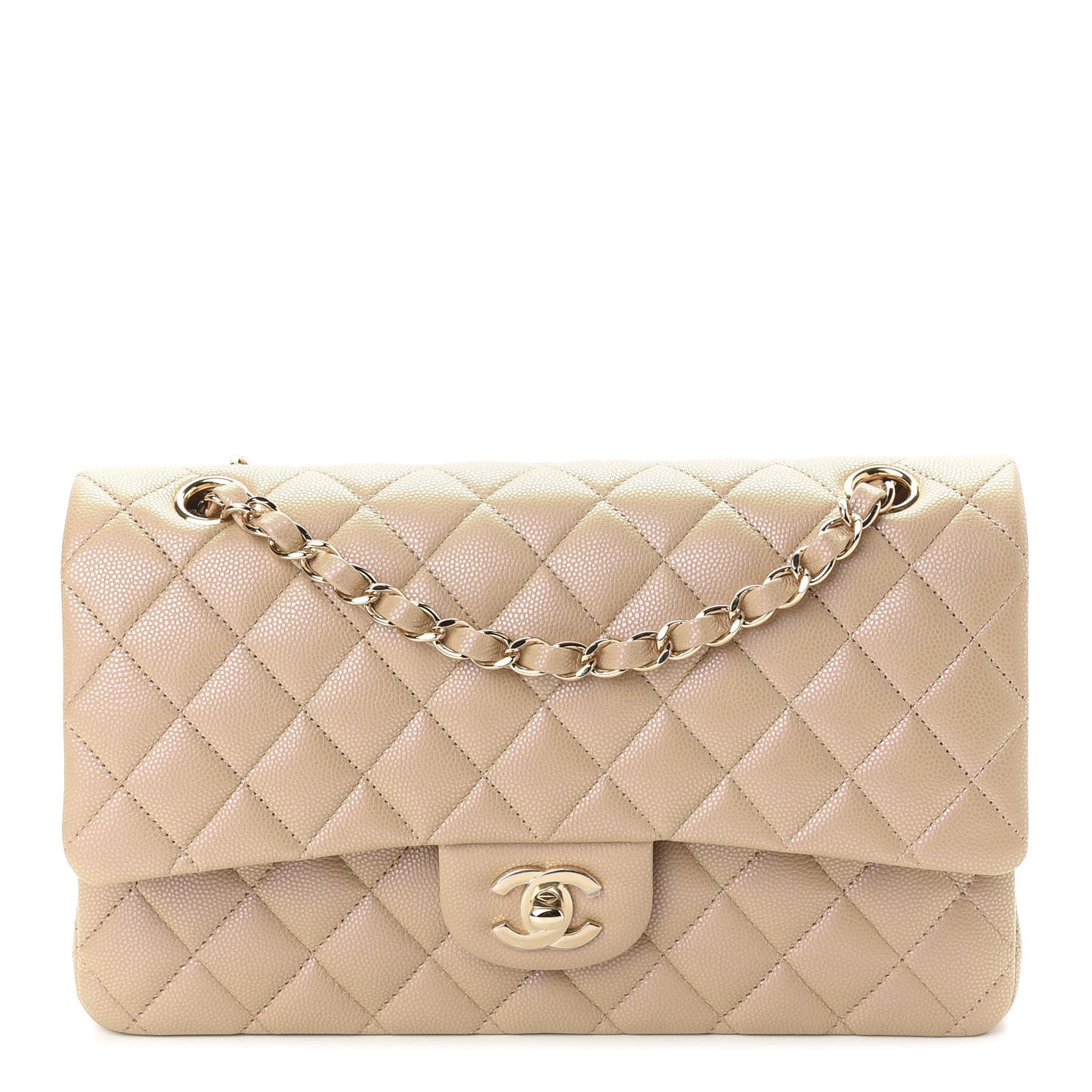 Iridescent Caviar Quilted Medium Double Flap Dark Beige
