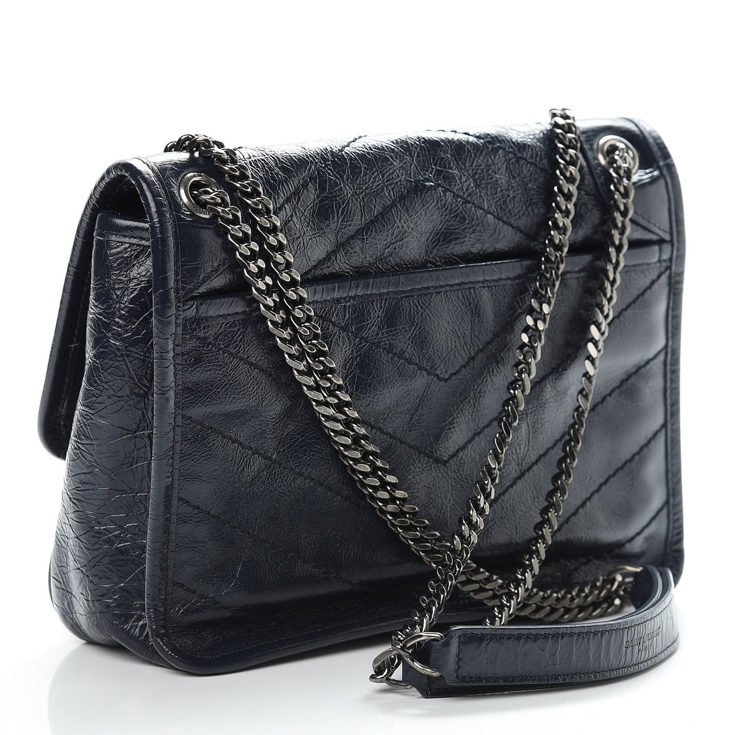 Crinkled Calfskin Matelasse Monogram Baby Niki Chain Satchel Navy