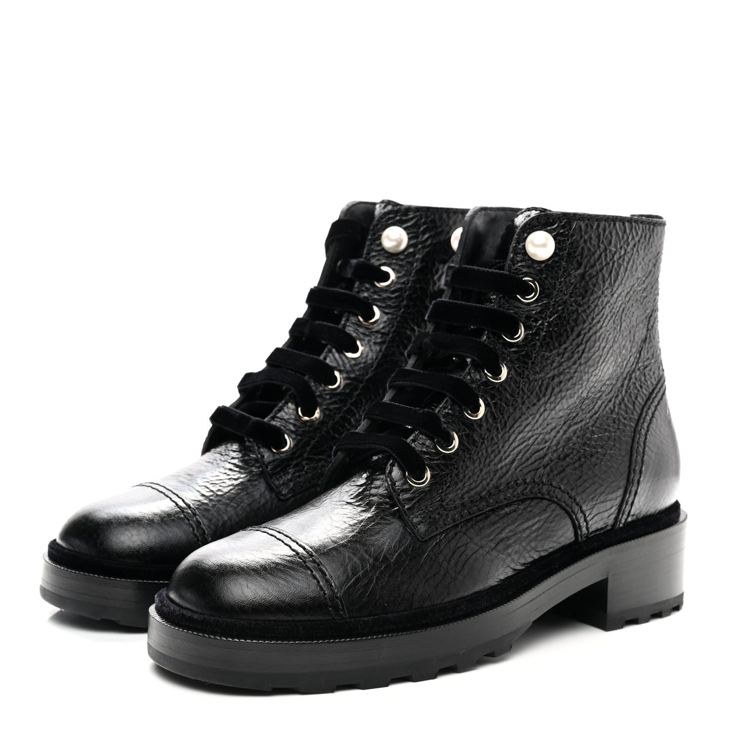 Shiny Calfskin Velvet Pearl Combat Short Boots 37.5 Black