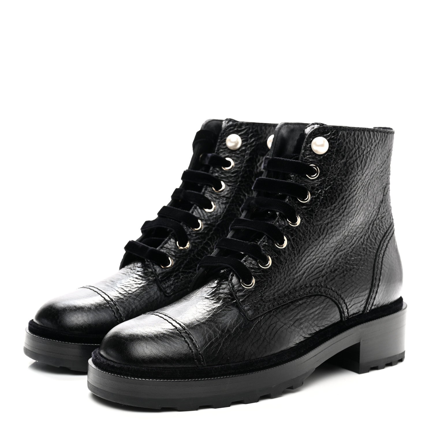 Chanel Shiny Calfskin Velvet Pearl Combat Short Boots 37.5 Black 3 of 10