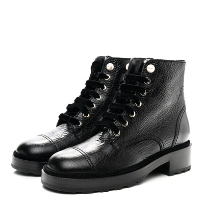 Chanel Shiny Calfskin Velvet Pearl Combat Short Boots 37.5 Black 3 of 10