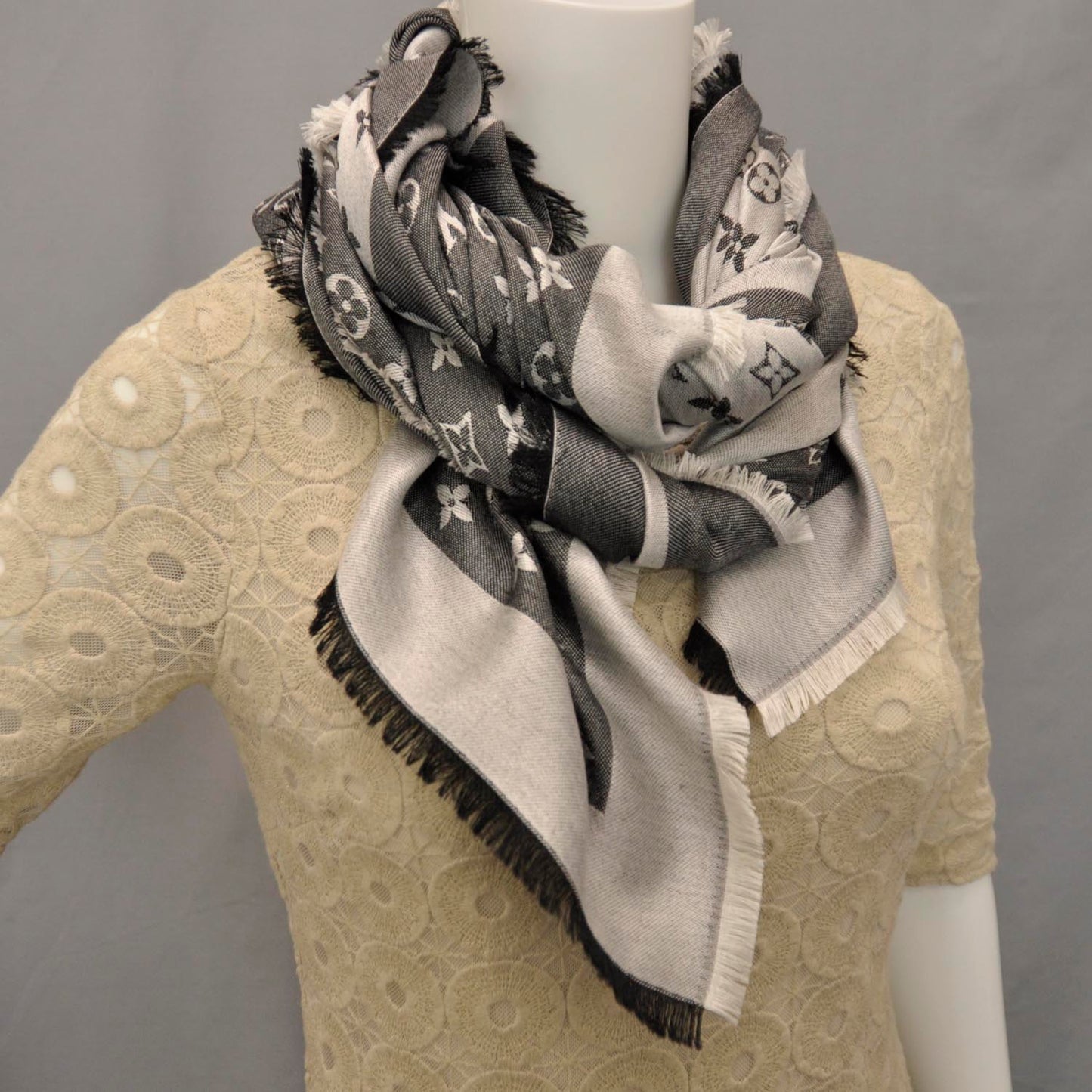 Wool Silk Monogram Denim Shawl Black