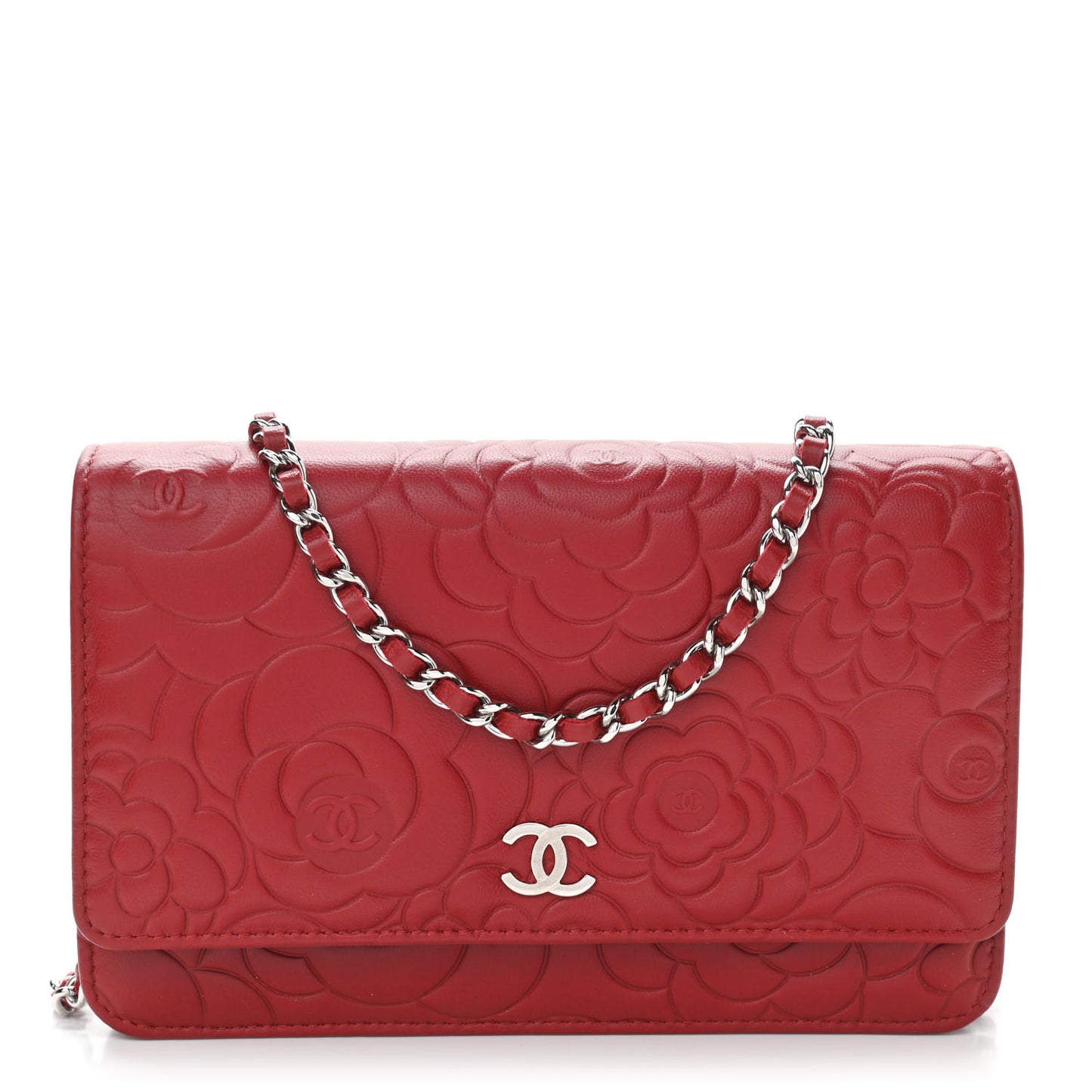 Lambskin Camellia Embossed Wallet On Chain WOC Red