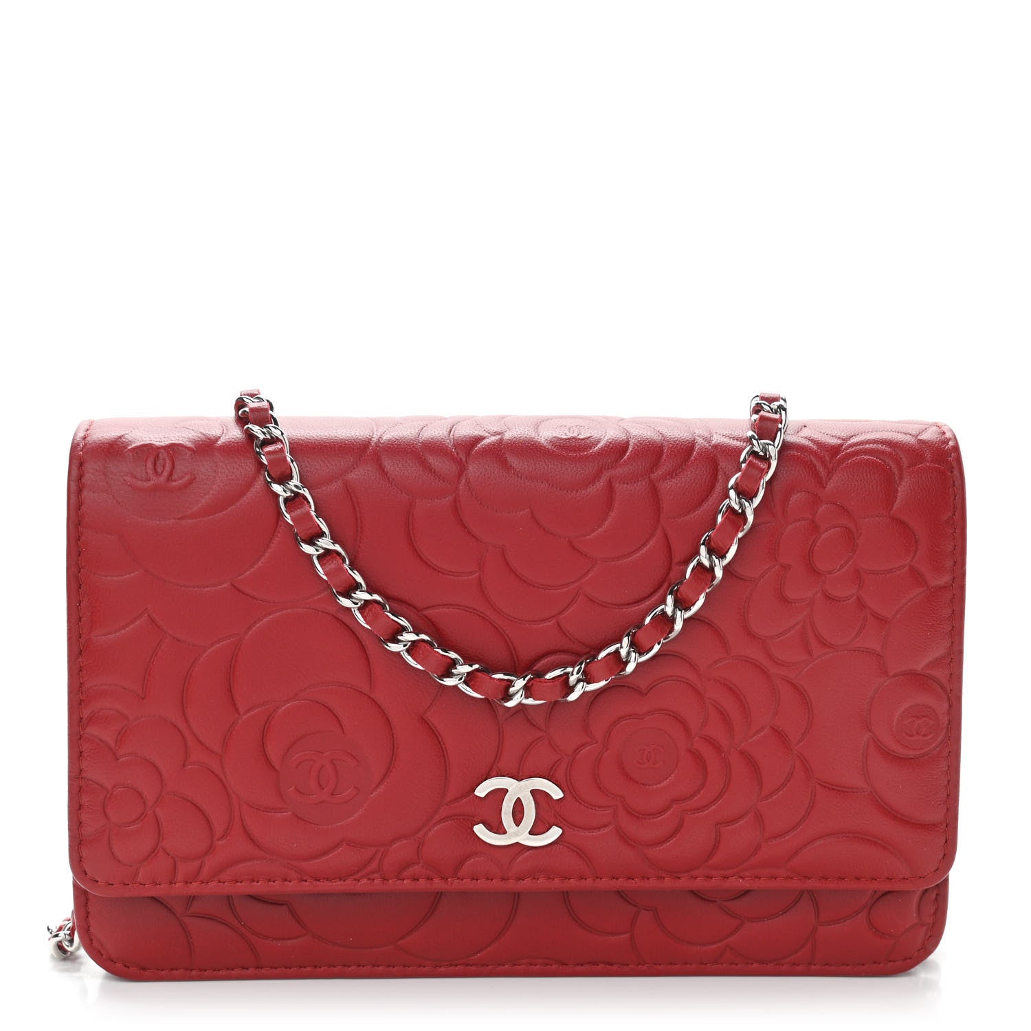 Chanel Lambskin Camellia Embossed Wallet On Chain WOC Red 1 of 12