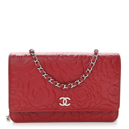 Chanel Lambskin Camellia Embossed Wallet On Chain WOC Red 1 of 12