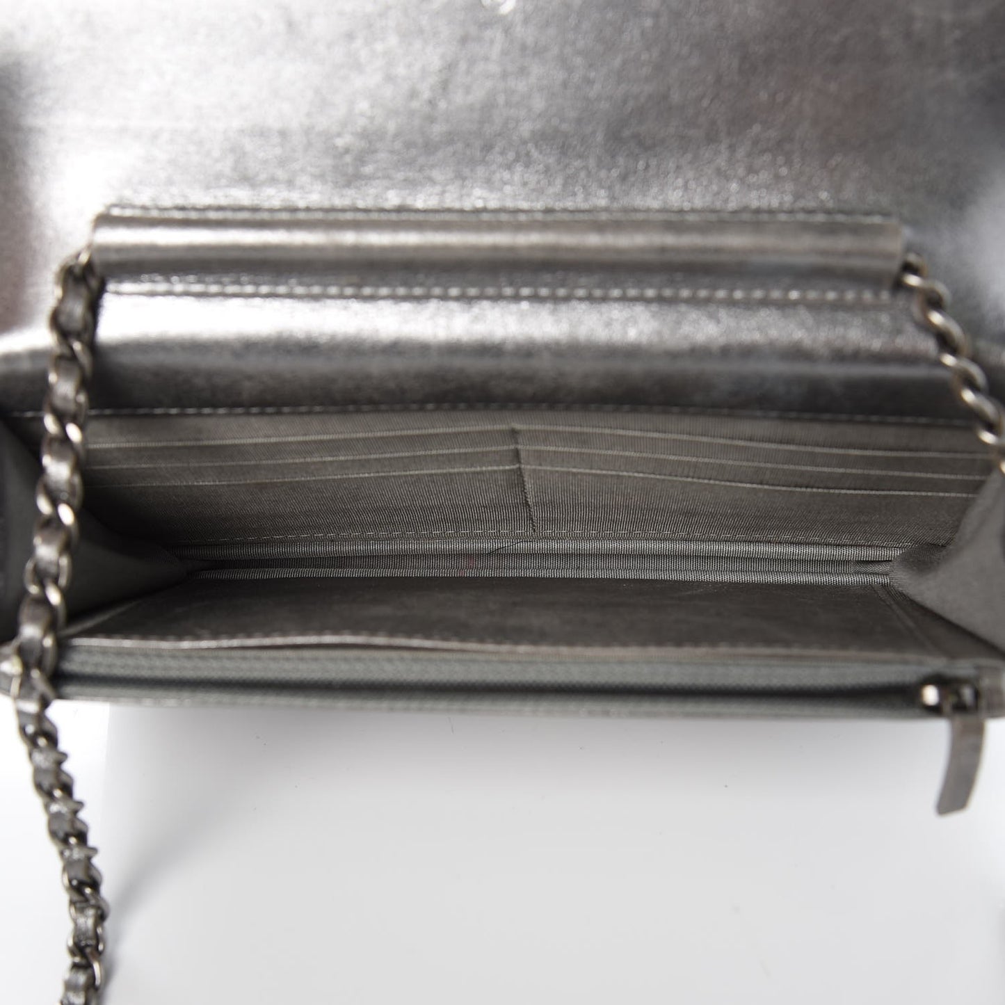 Metallic Calfskin Quilted Boy Wallet On Chain WOC Silver