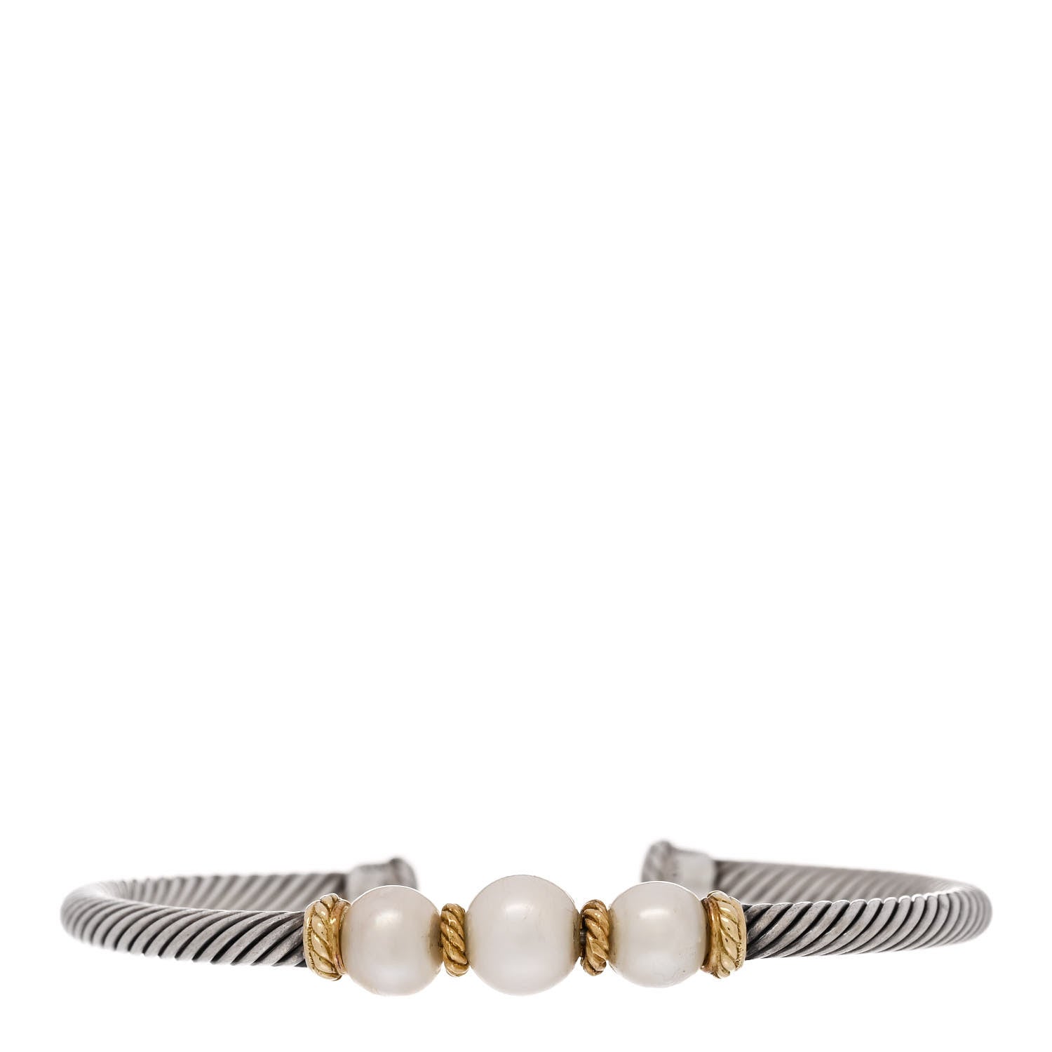 David Yurman Sterling Silver 18K Yellow Gold Graduated Pearl 4mm Cable Classics Cuff Bracelet 1 of 3