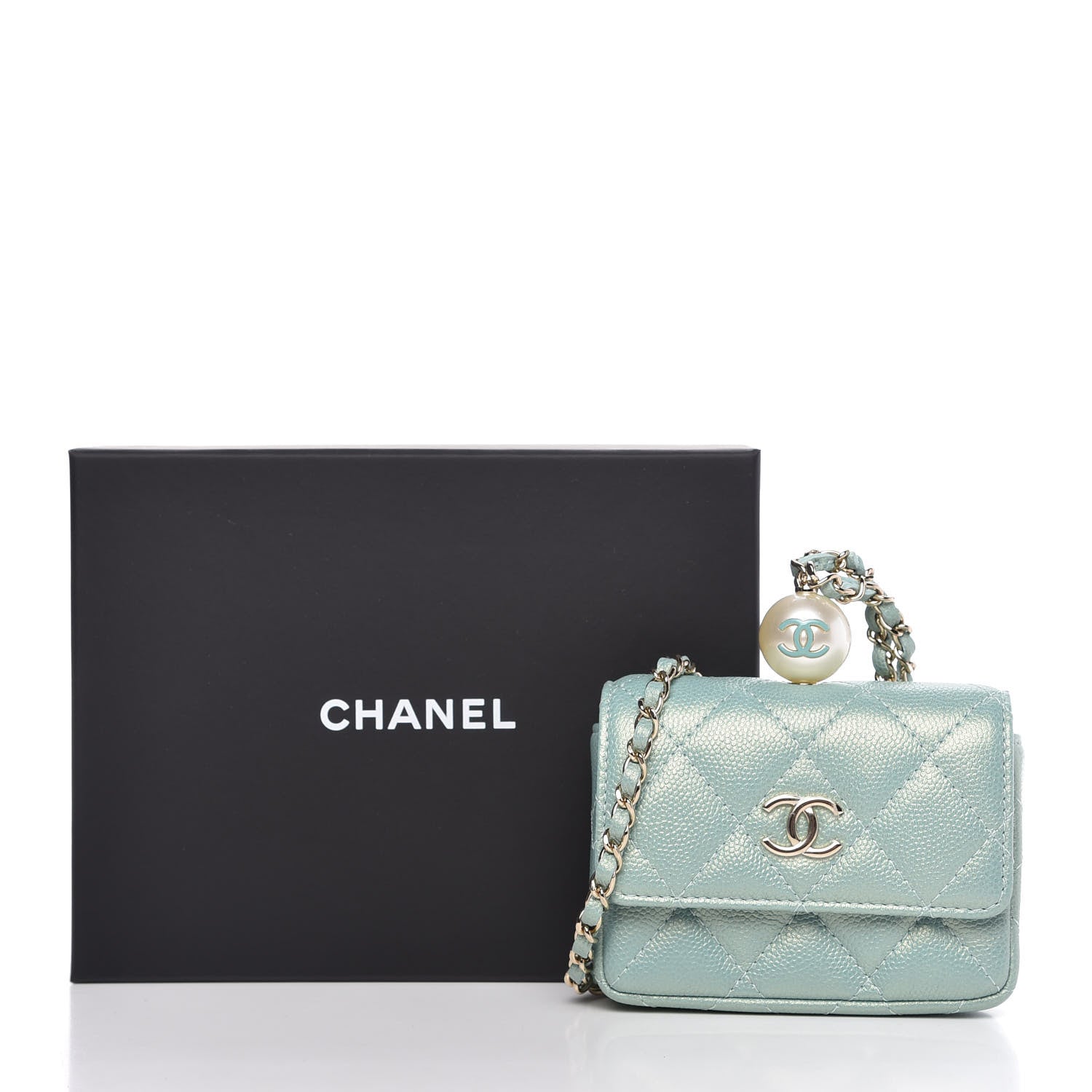 Chanel Iridescent Caviar Quilted Pearl On Top Coin Purse With Chain Light Green 11 of 11