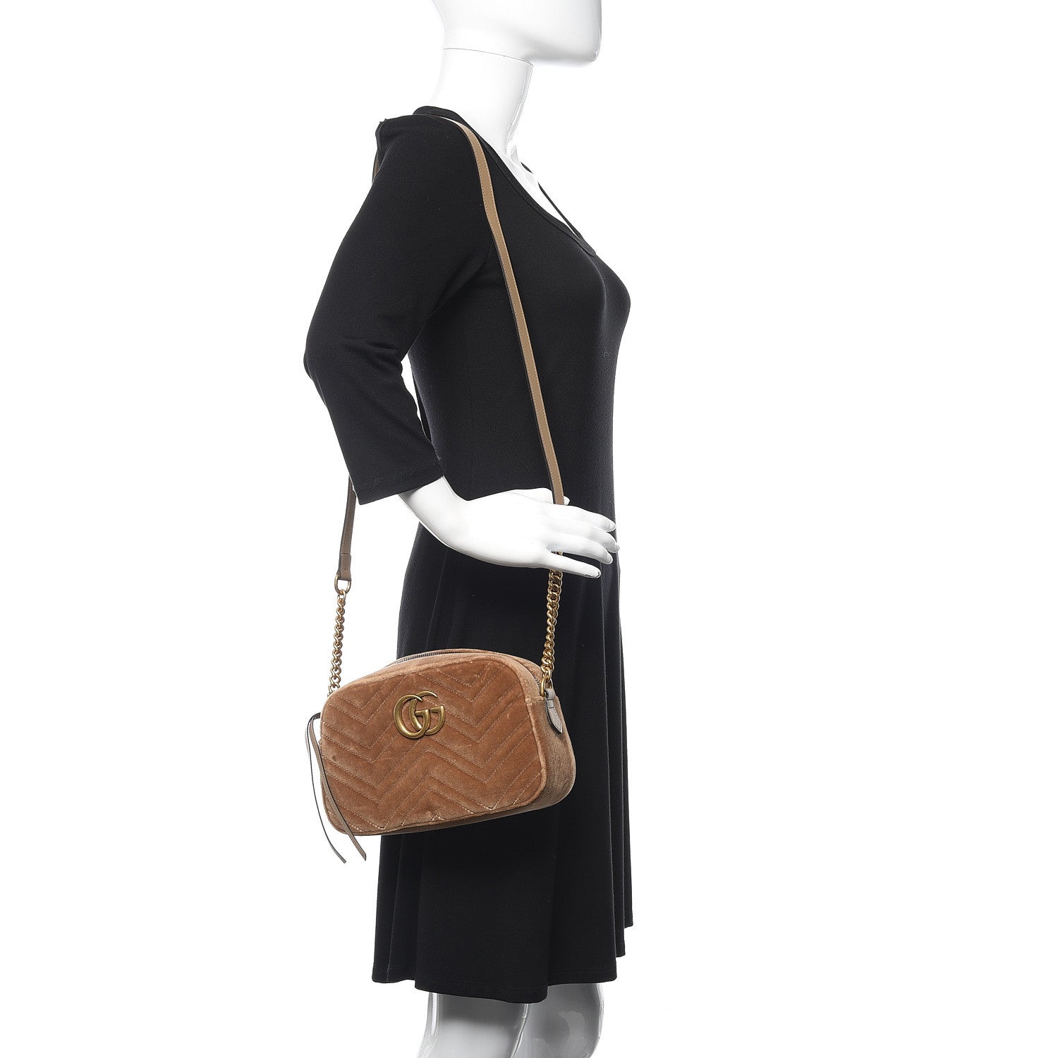 Gucci Velvet Matelasse Small GG Marmont Chain Shoulder Bag Taupe 2 of 10